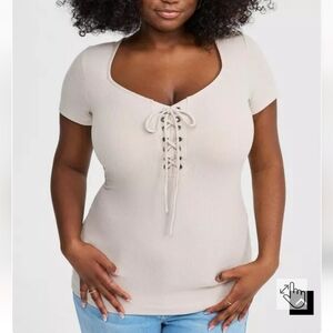 🆕️ 3X BEIGE SUPER SOFT RIBBED V-NECK LACE UP SHORT SLEEVE TOP